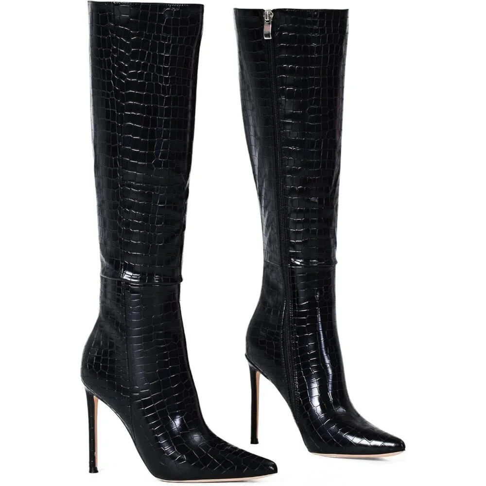 Women's Black Leather Suede Knee High Stiletto Tall Pointed Toe Stylish Boot